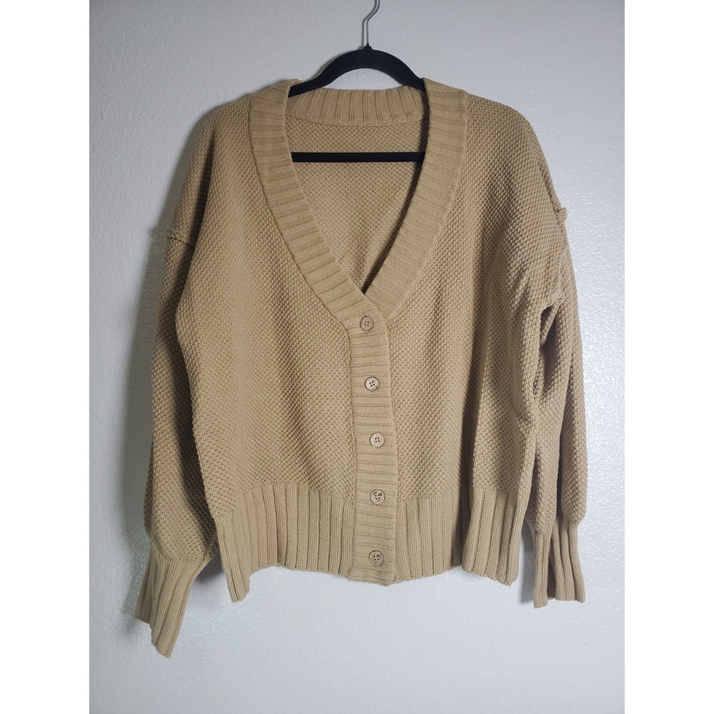 New Women 2pc Knit Lounge Set Khaki Waffle Knit Cardigan Sweater & Pants Size‎ L